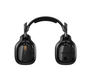 Rear view of the black ASTRO A40 TR headset highlighting the textured carbon-fiber finish on the ear cups and the adjustable aluminum headband.