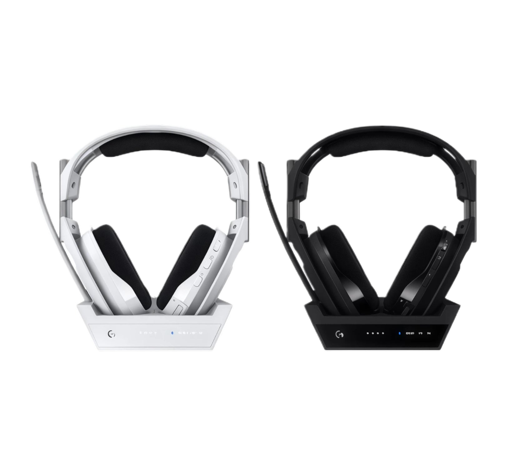 ASTRO A50 X Color Options – White vs Black Wireless Gaming Headsets
ALT: Side-by-side comparison of the white and black ASTRO A50 X headsets in their respective base stations, emphasizing color choice for gamers.