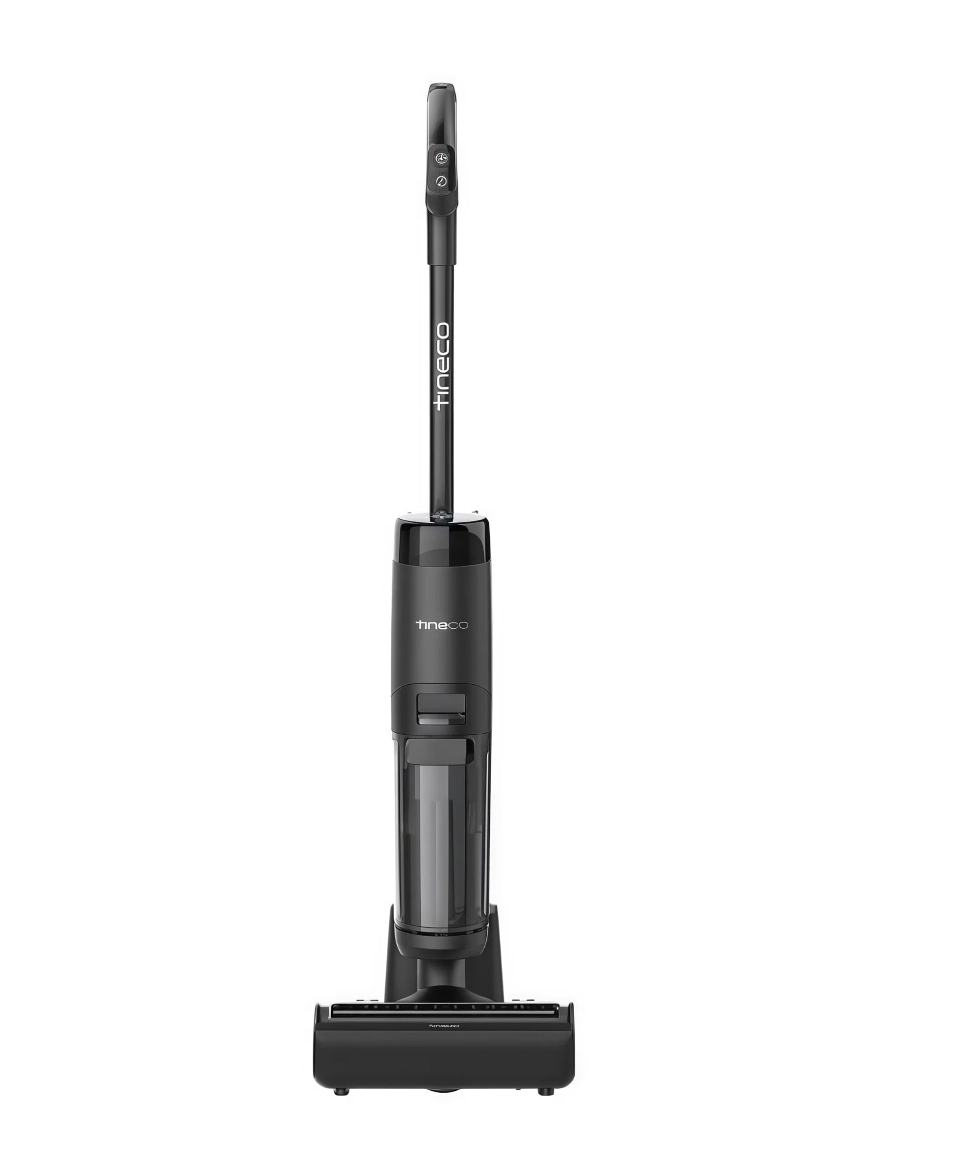 A full-length studio shot of the Tineco FLOOR ONE S7 Stretch cordless wet dry vacuum cleaner, showcasing its sleek, ergonomic design and transparent water tank.