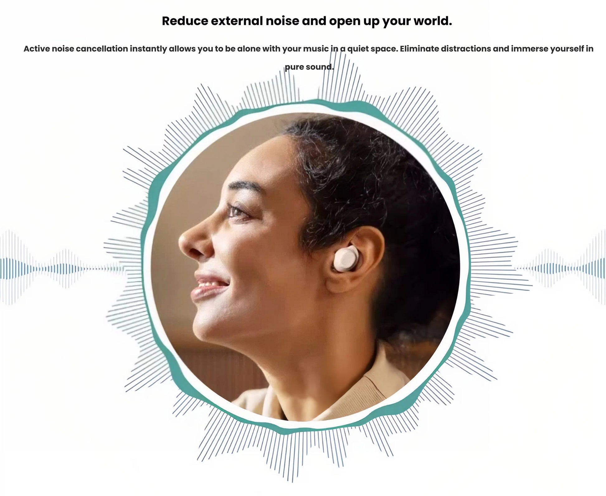 A woman wearing the Samsung Galaxy Buds FE, surrounded by a sound wave graphic that illustrates how Active Noise Cancellation reduces external noise to create a quiet, immersive listening experience.