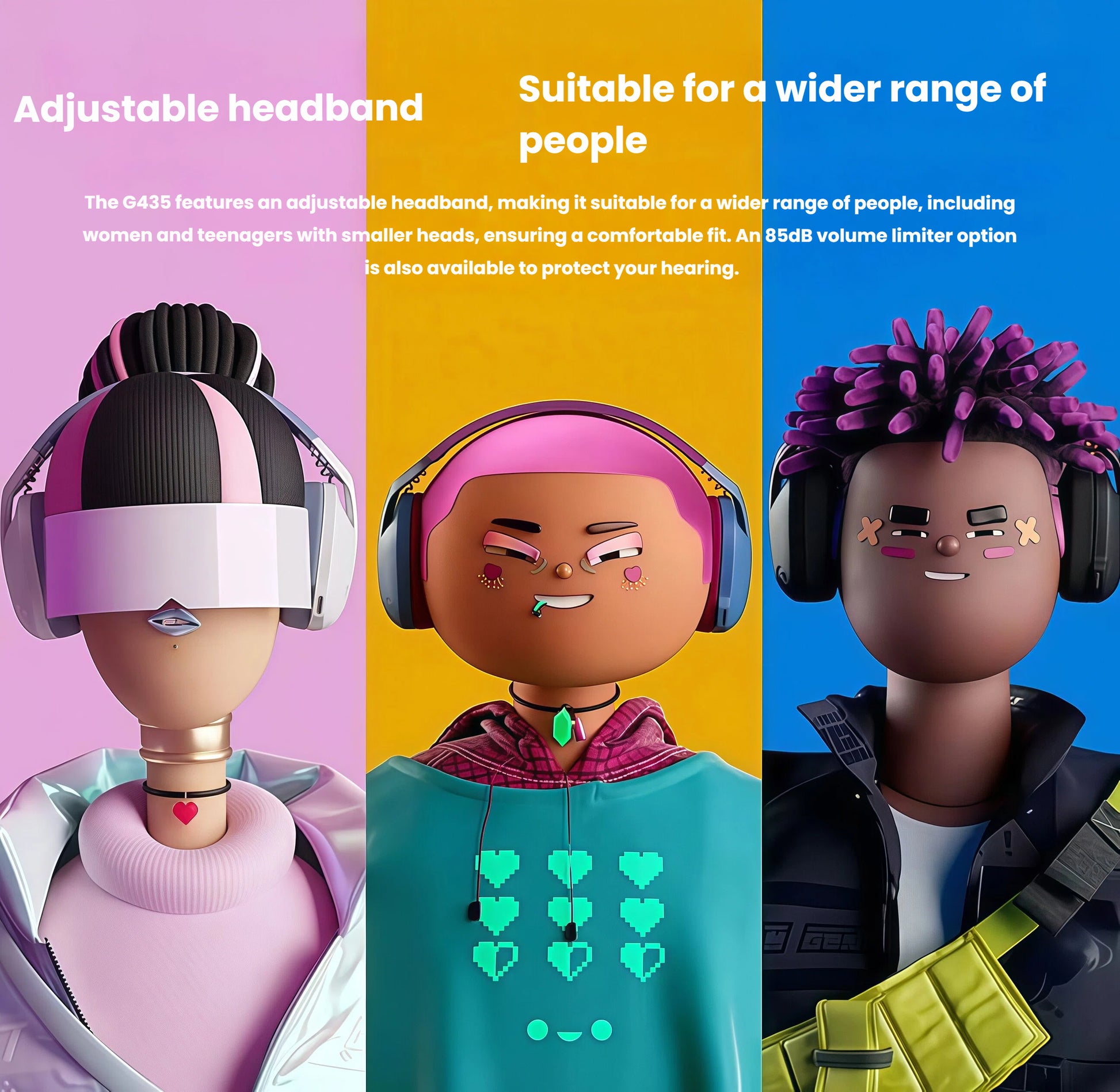 Three diverse avatars wearing the G435 in different colors, showcasing the adjustable headband and hearing-safe volume limiter for kids and adults.