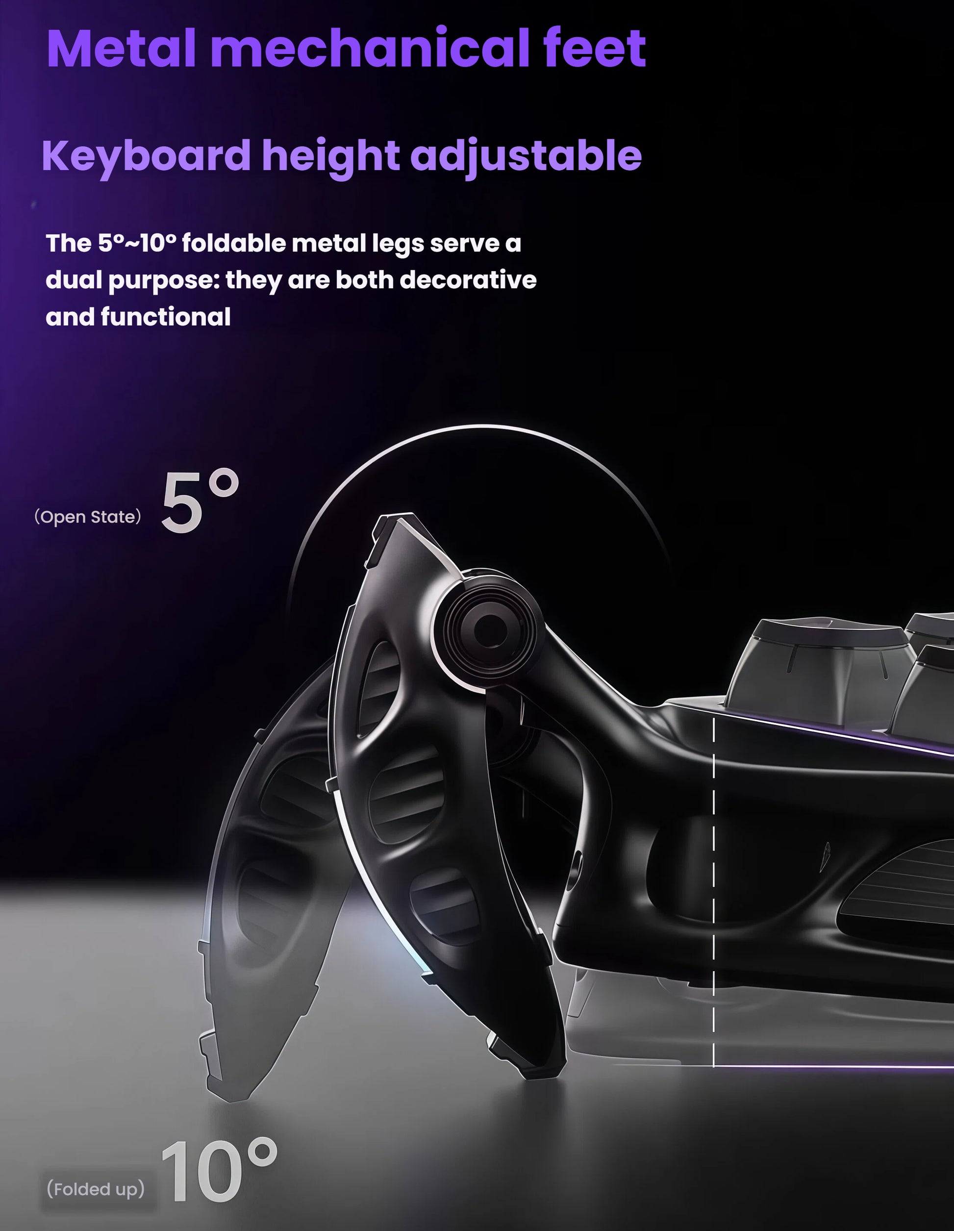 Close-up of the foldable metal mechanical feet on the GravaStar Mercury K1 Pro gaming keyboard, offering adjustable height from 5° to 10° for enhanced typing comfort and ergonomic support.