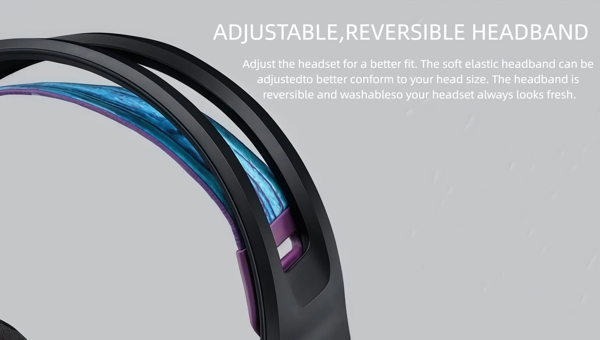 Focus on the G535’s elastic suspension headband, illustrating its adjustability, reversible design, and washable fabric for lasting comfort.