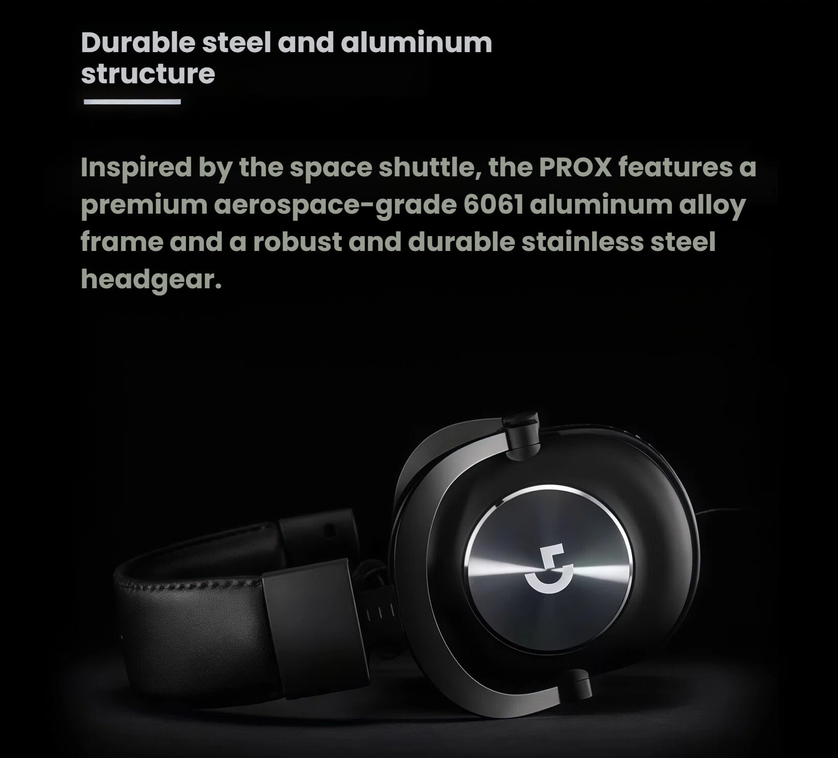 Side view of the black PRO X headset, showcasing its durable 6061 aluminum alloy and stainless-steel headgear inspired by space-shuttle engineering.