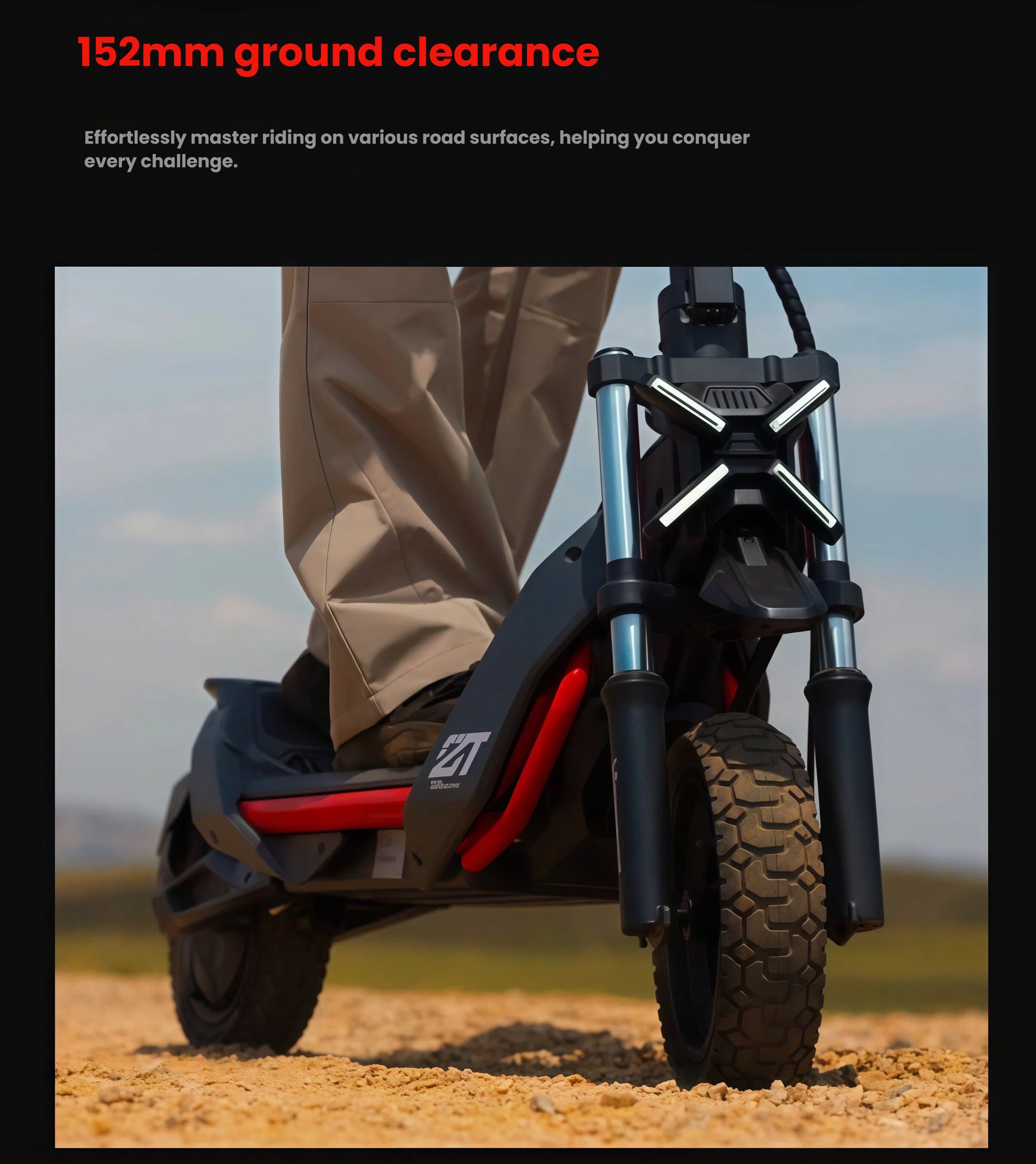 The Segway ZT3 Pro electric scooter being ridden on a dirt path, showcasing its 152mm high ground clearance and all-terrain capabilities.