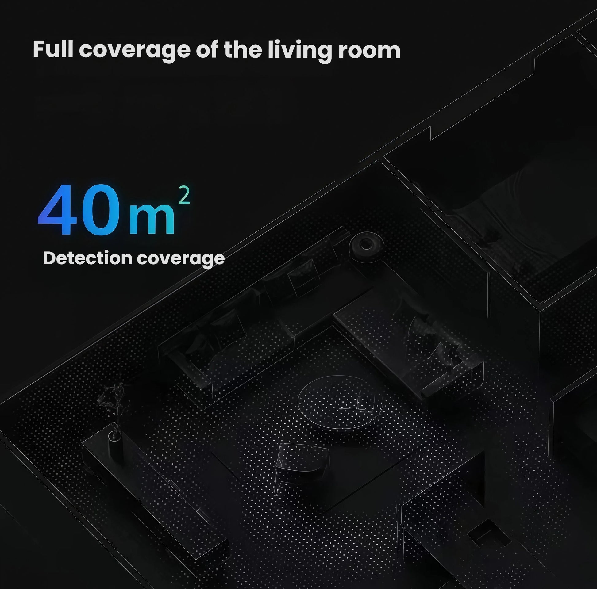 Dark isometric living-room diagram illustrating the 40 m² detection zone of the Aqara FP2 sensor mounted on the ceiling.