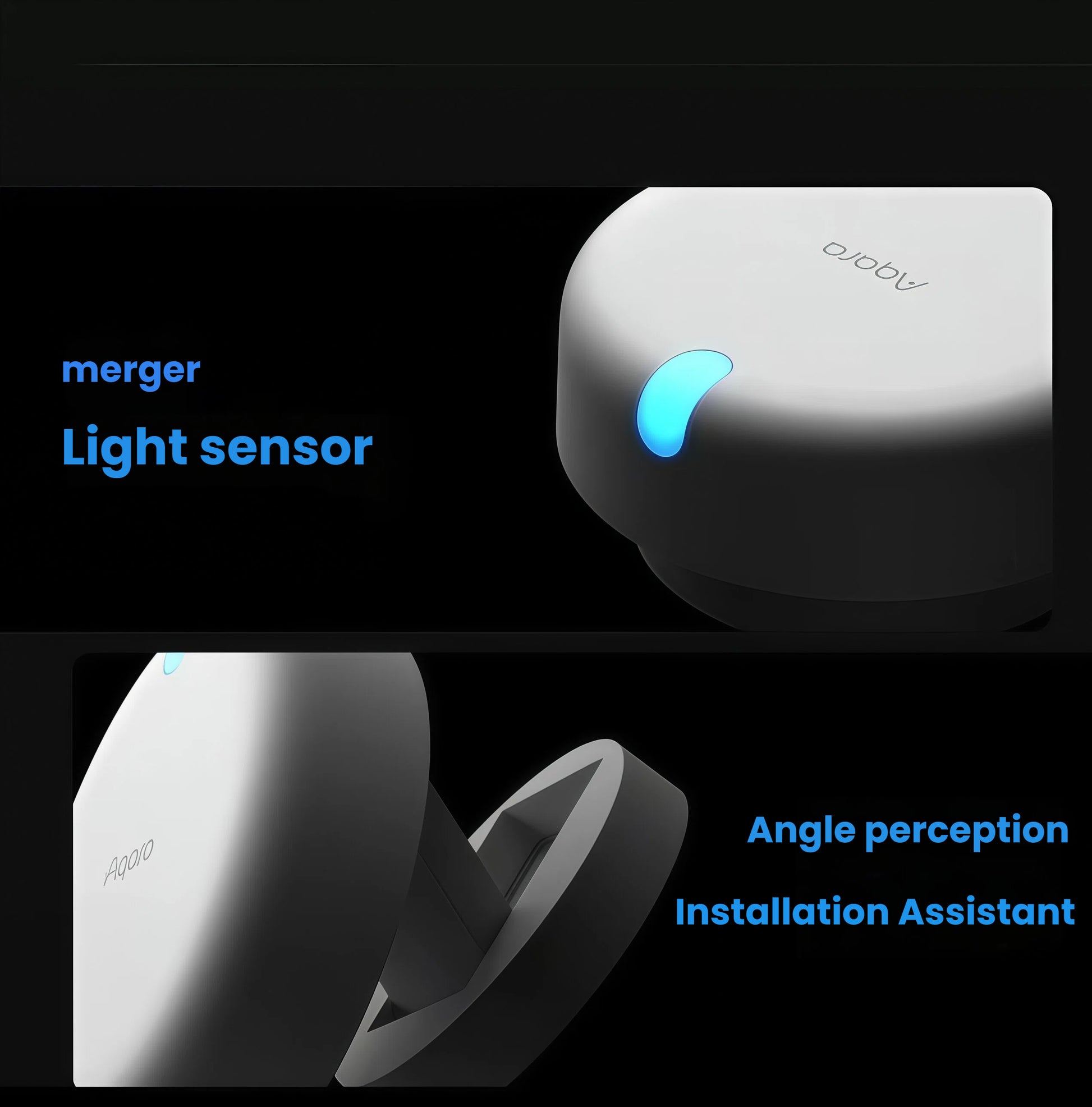 Two close-up shots highlighting the integrated light sensor and the snap-on mounting base that allows precise angle adjustment.