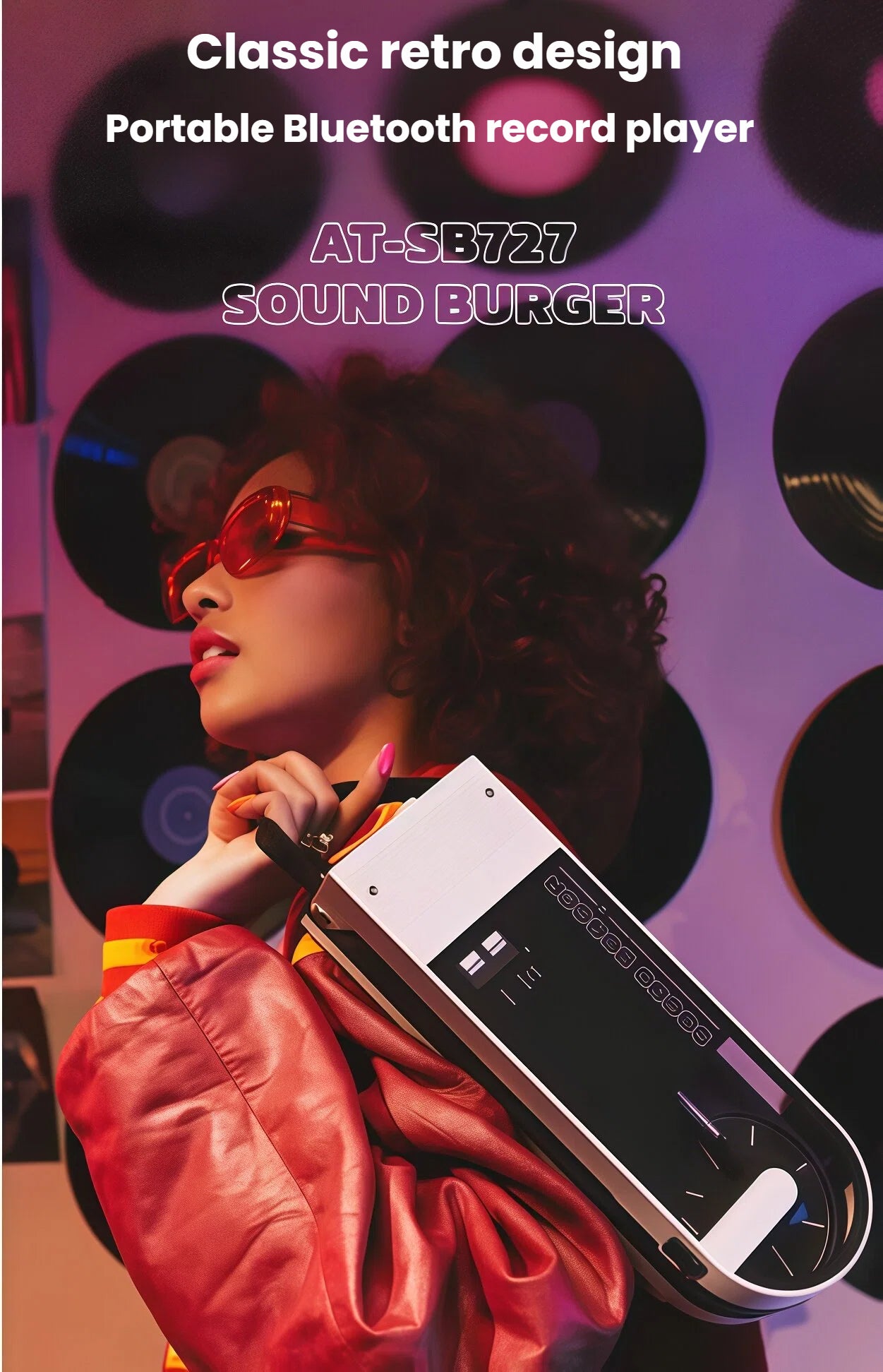 Retro-styled Audio-Technica AT-SB727 Sound Burger portable Bluetooth record player with bold branding.