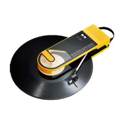 Yellow Audio-Technica AT-SB727 Sound Burger portable Bluetooth turntable playing a black vinyl record, compact retro design.