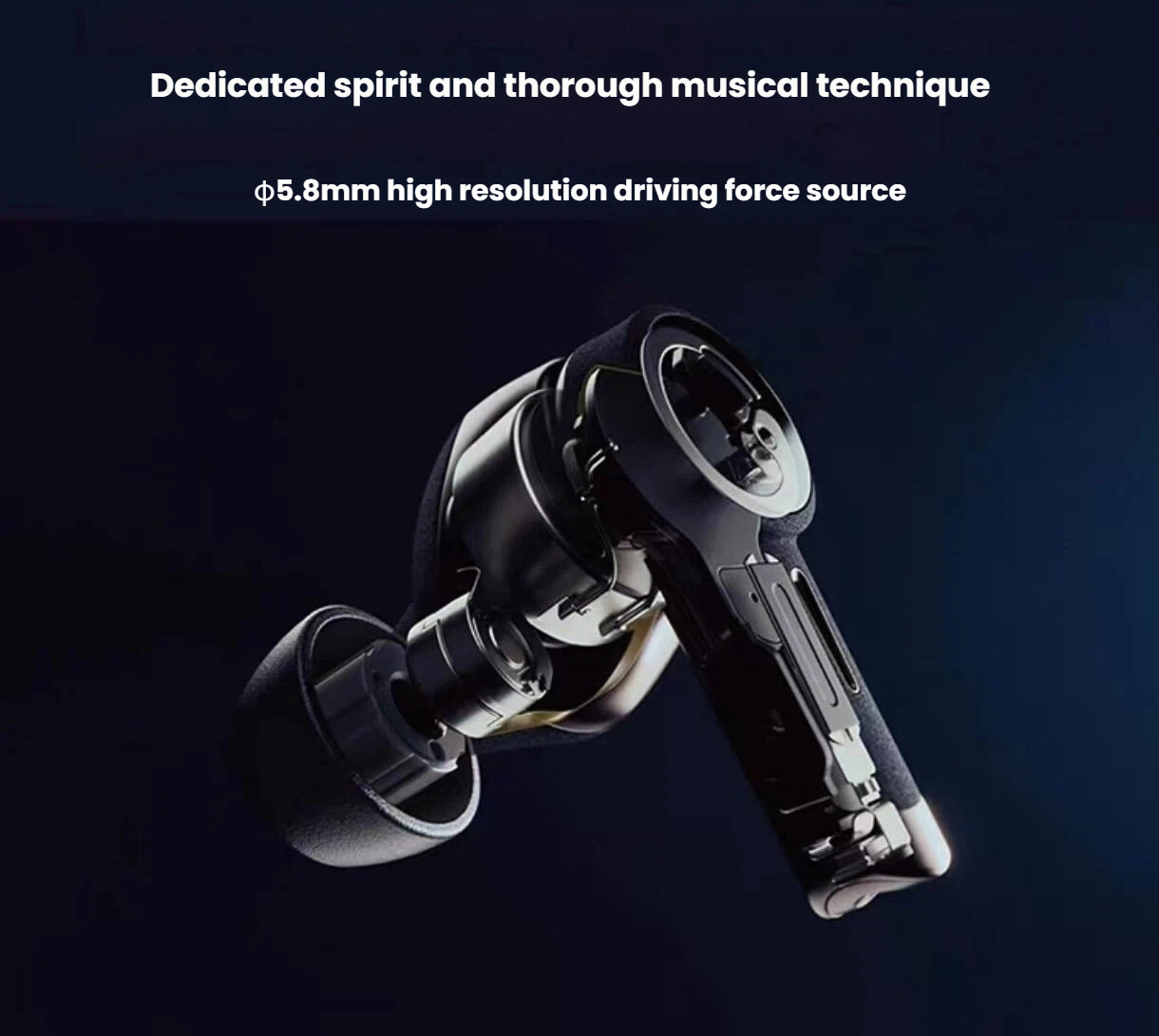 Close-up of Audio-Technica ATH-TWX9 earbud driver unit featuring φ5.8mm high-resolution dynamic driver for precise audio performance and rich sound detail.