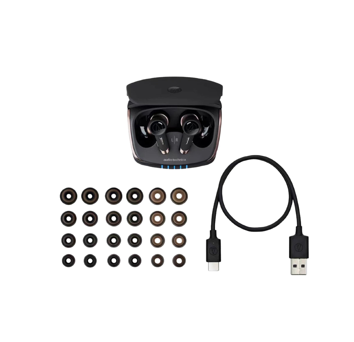 Audio-Technica ATH-TWX9 true wireless earbuds bundle featuring premium earbuds, compact charging case, multiple silicone ear tips, and USB-C charging cable.