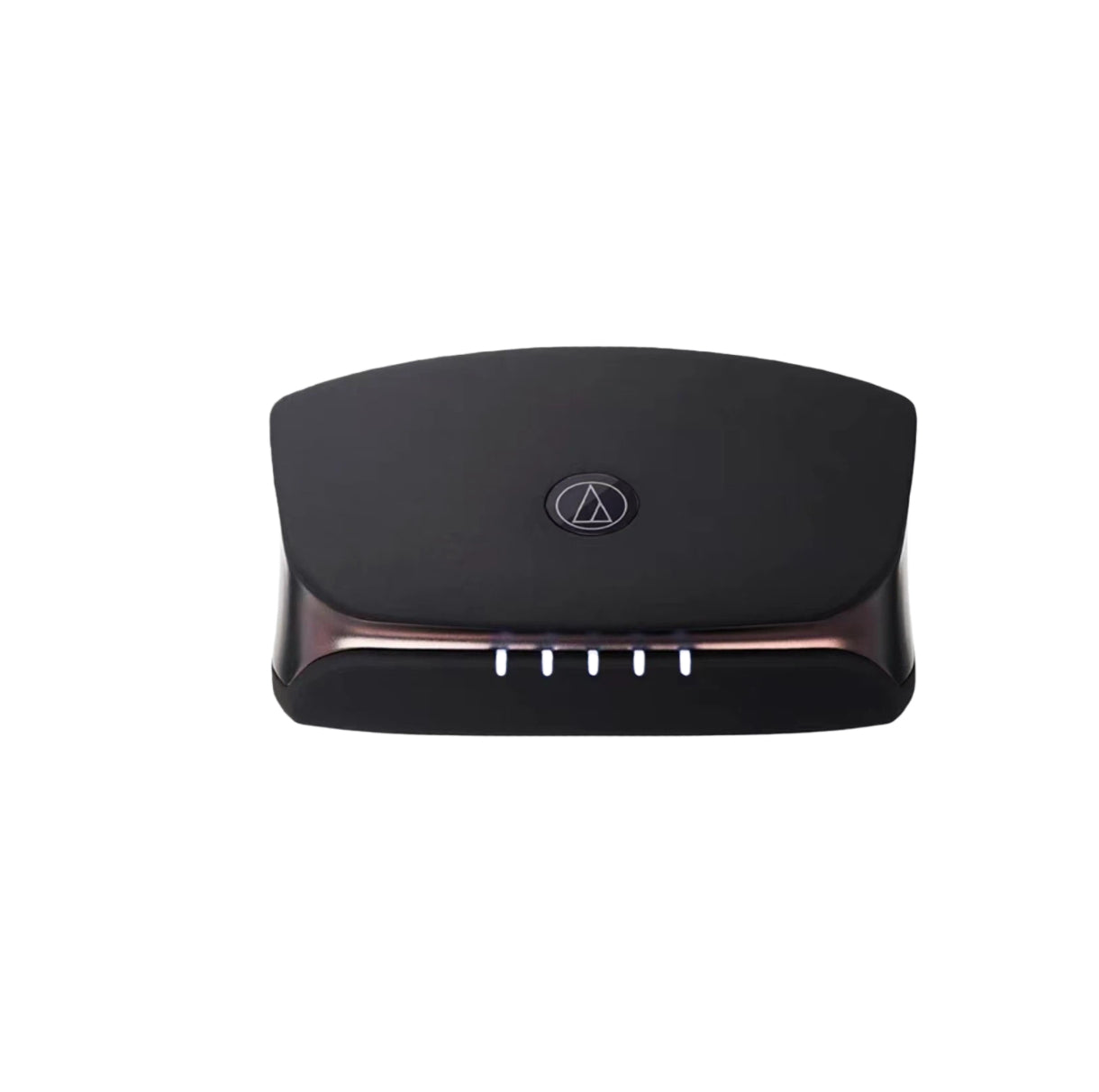 Black Audio-Technica ATH-TWX9 charging case with sleek design and illuminated LED battery indicators — compact and portable wireless earbud storage.
