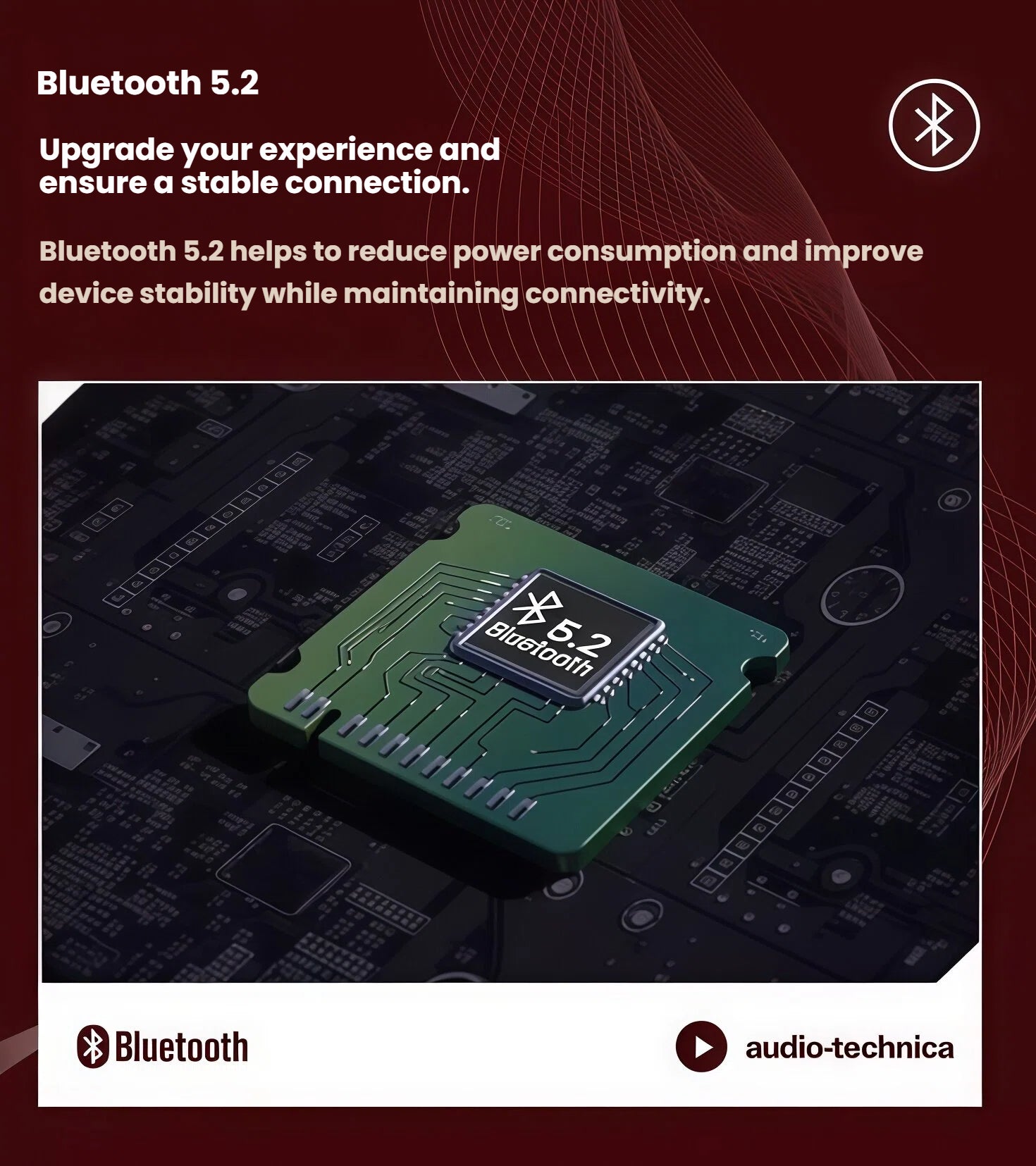 Close-up of Bluetooth 5.2 chip inside Audio-Technica Sound Burger, ensuring stable low-power wireless streaming.