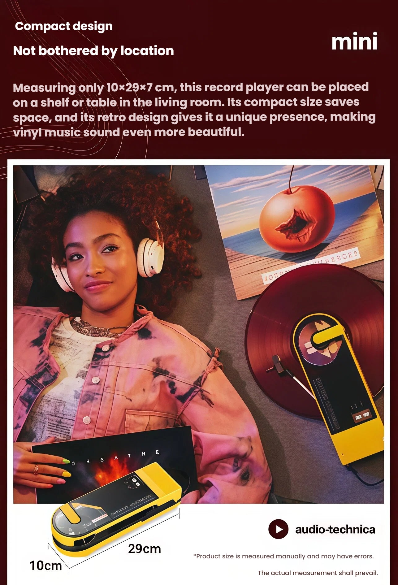 Lifestyle shot showing Audio-Technica Sound Burger’s 10×29×7 cm compact size, perfect for shelves or small spaces.