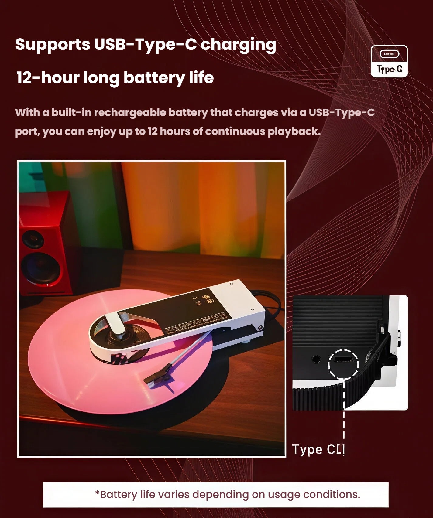 White Audio-Technica Sound Burger playing pink vinyl, highlighting USB-C port and 12-hour battery life.