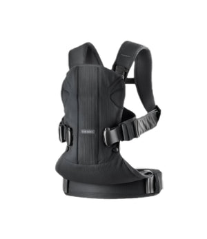 Black BabyBjörn Carrier One Cotton baby carrier front view showing ergonomic design, padded shoulder straps, and adjustable buckles for newborn to toddler carry.