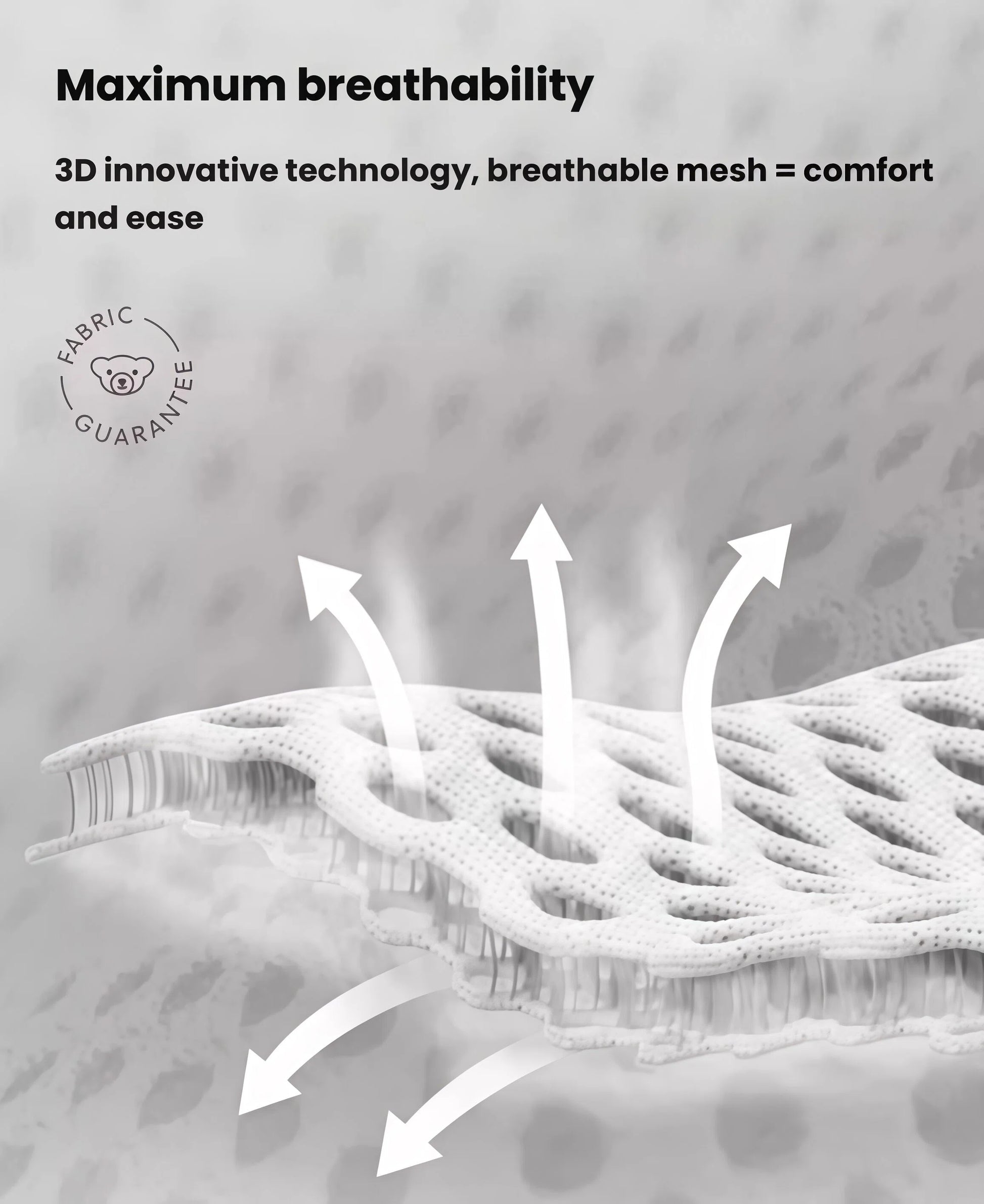 Close-up of BabyBjörn Harmony Carrier Mesh fabric – innovative 3D breathable mesh technology allows maximum airflow for cool, comfortable babywearing
