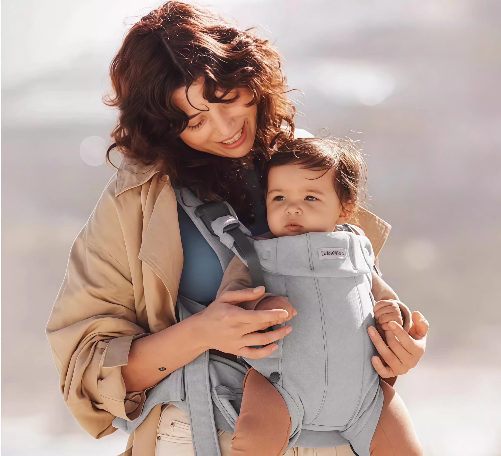 Mother and baby enjoying outdoor time together using BabyBjörn Harmony Carrier Mesh – breathable mesh keeps both cool and close during walks or errands