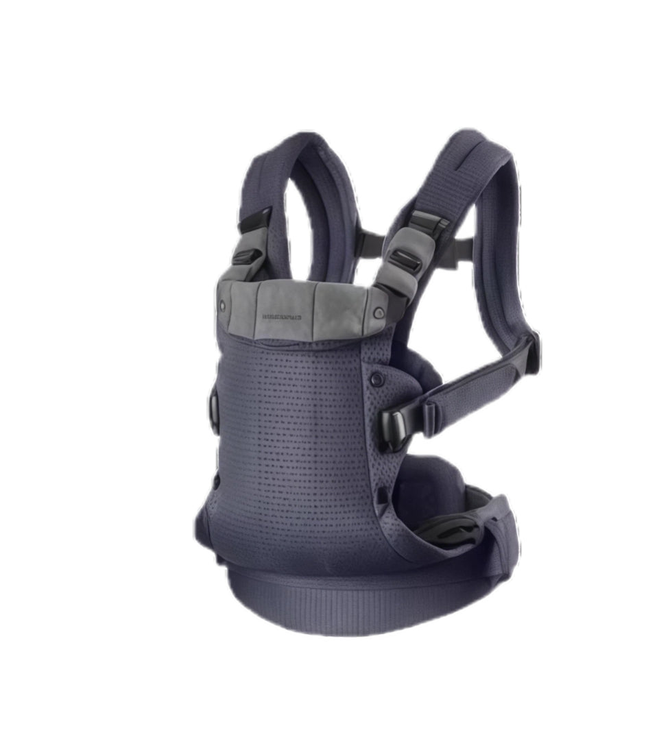 Product shot of BabyBjörn Harmony Carrier Mesh in dark grey – stylish, breathable baby carrier with padded shoulder straps and hip support for comfortable babywearing