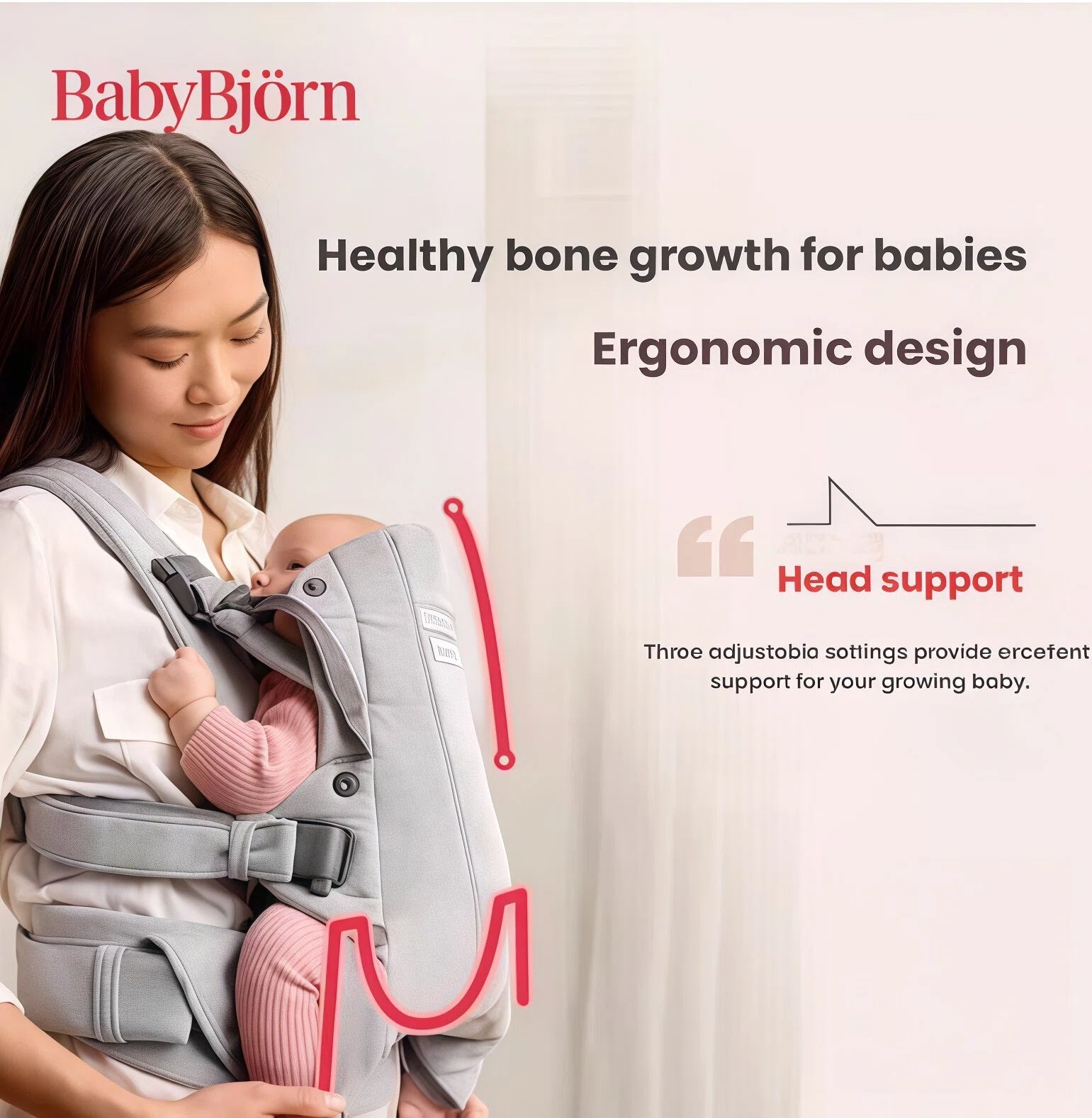 Mother wearing BabyBjörn Harmony Carrier Mesh with newborn in front-facing inward position – ergonomic M-shape support promotes healthy hip development