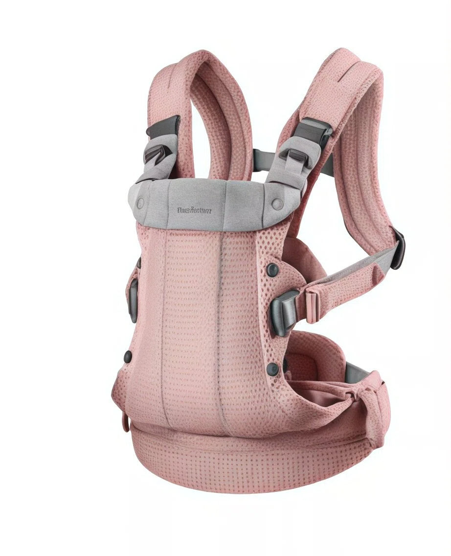 Front view of BabyBjörn Harmony Carrier Mesh in soft rose pink – lightweight, breathable baby carrier with ergonomic design and adjustable straps