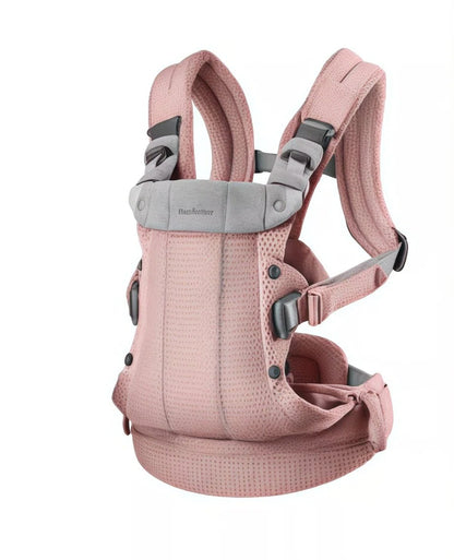 Front view of BabyBjörn Harmony Carrier Mesh in soft rose pink – lightweight, breathable baby carrier with ergonomic design and adjustable straps