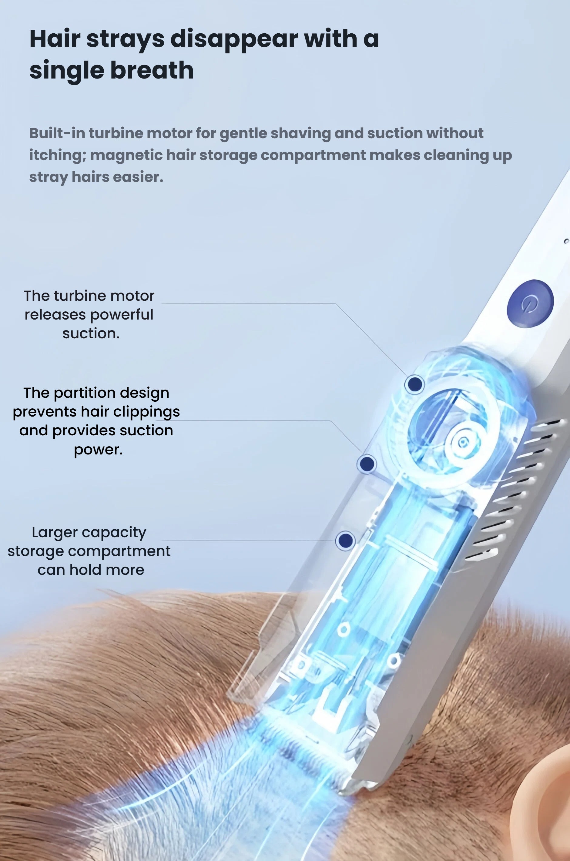 Diagram of Babycare baby hair clipper’s internal suction system: turbine motor creates powerful airflow, partition prevents clogging, and large storage compartment holds cut hair