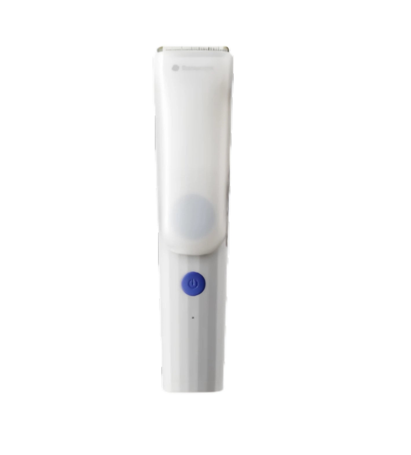 Front view of Babycare baby hair clipper in white with blue power button, featuring sleek design and built-in hair suction system for clean trimming