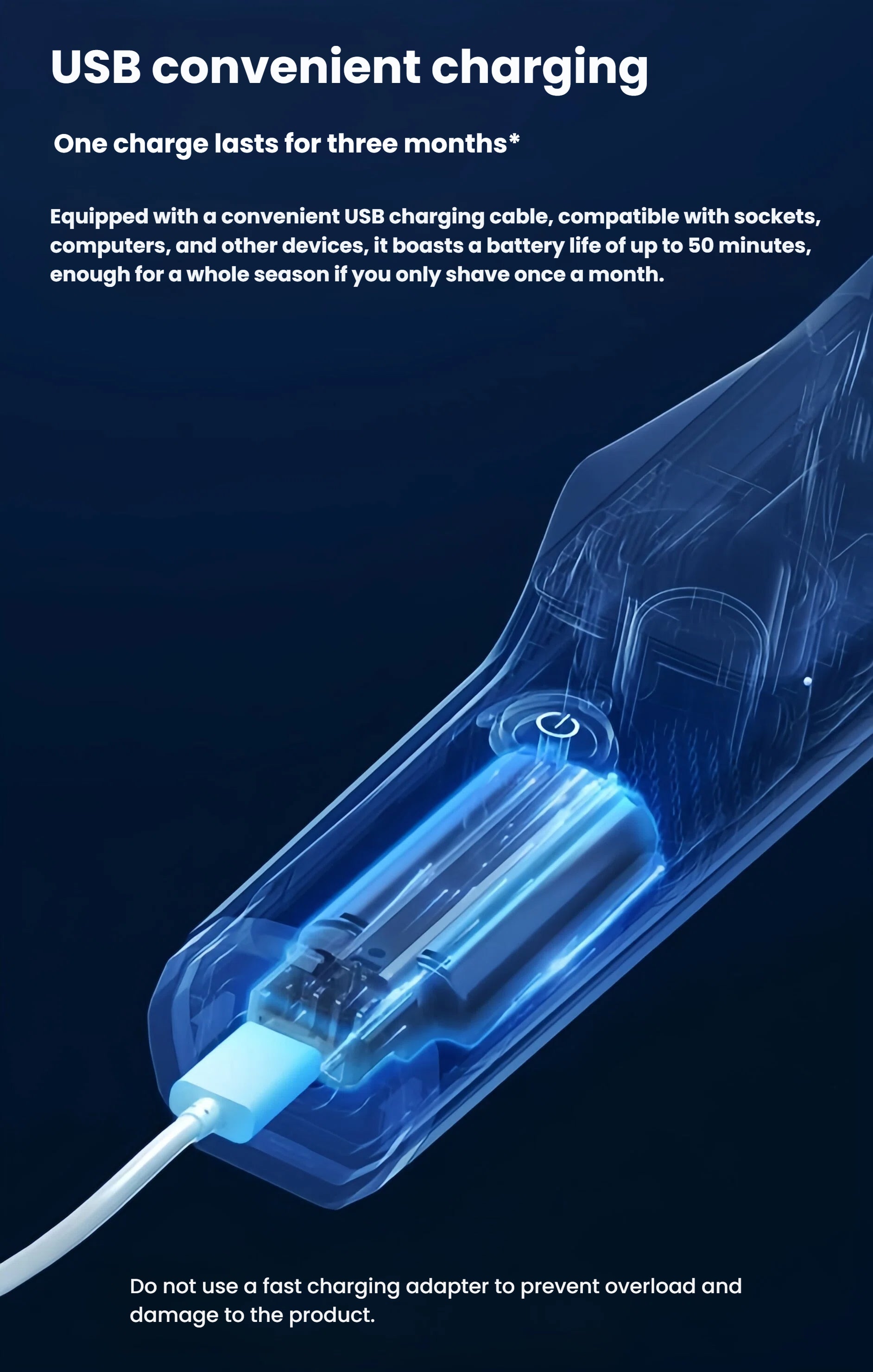 Transparent illustration of Babycare baby hair clipper showing internal battery and USB-C charging port; one charge lasts up to three months