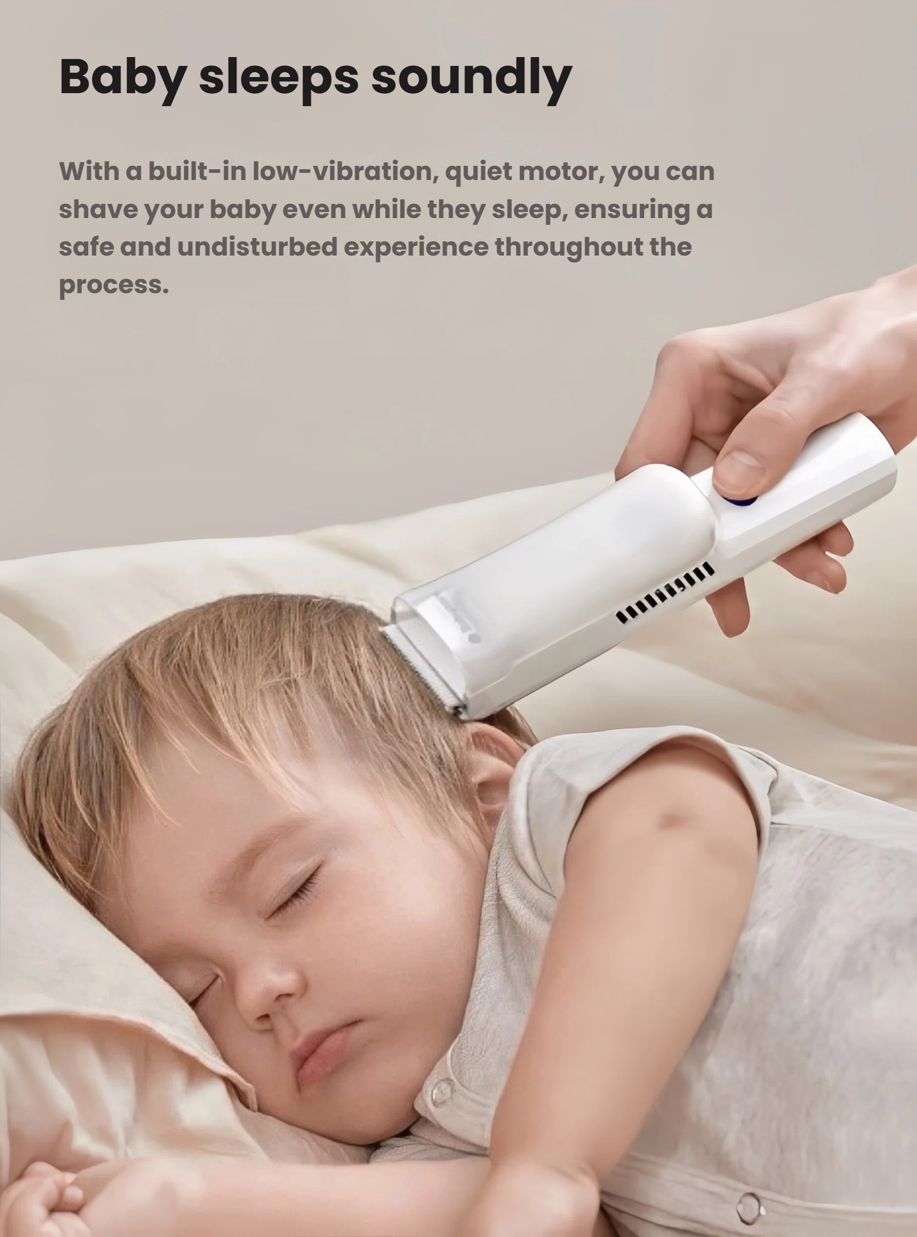 Parent gently trimming sleeping baby’s hair with Babycare hair clipper; low-vibration, quiet motor ensures undisturbed sleep during haircut