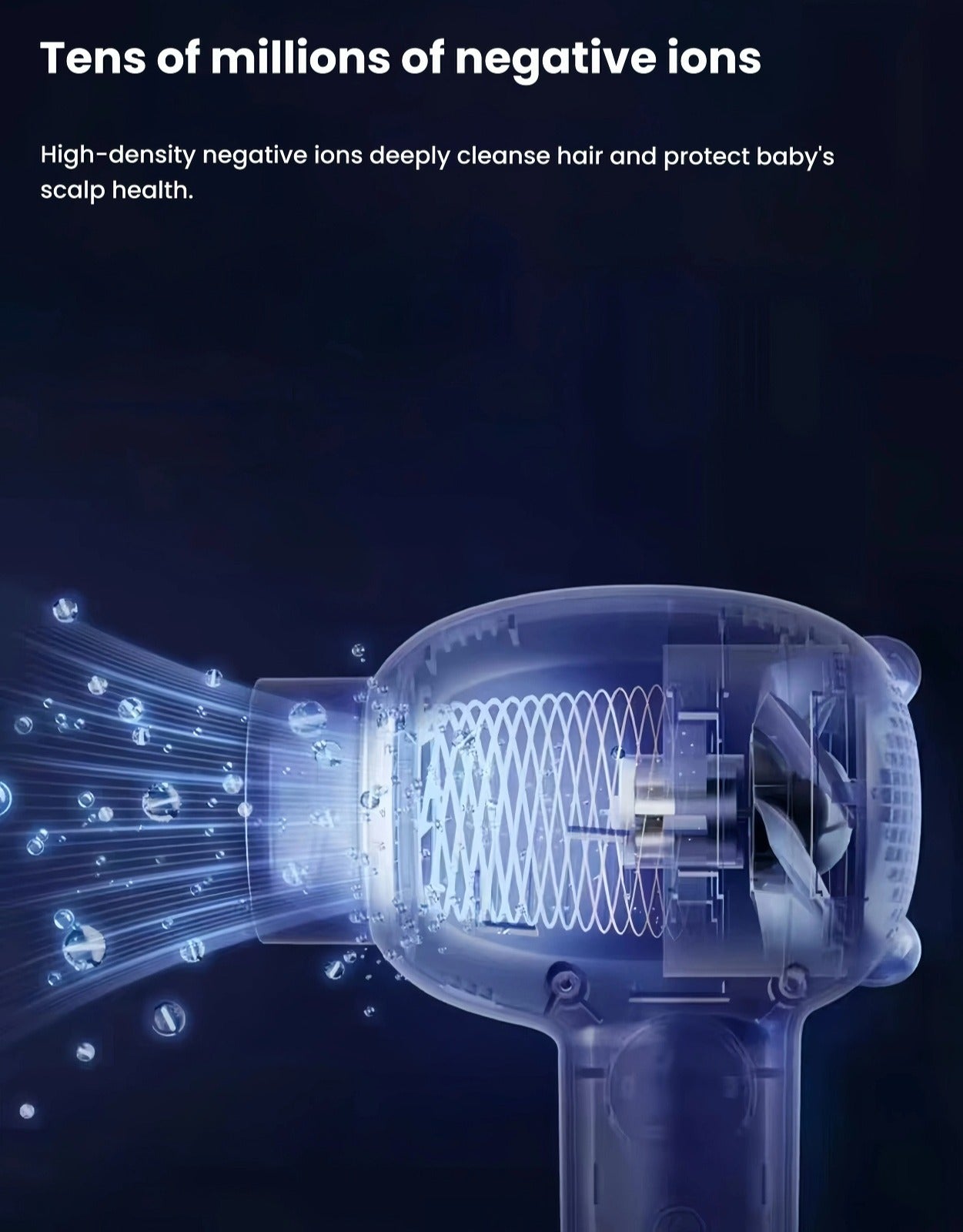 Internal view of Babycare baby hair dryer showing high-density negative ion generation, deeply cleansing baby’s hair and protecting scalp health