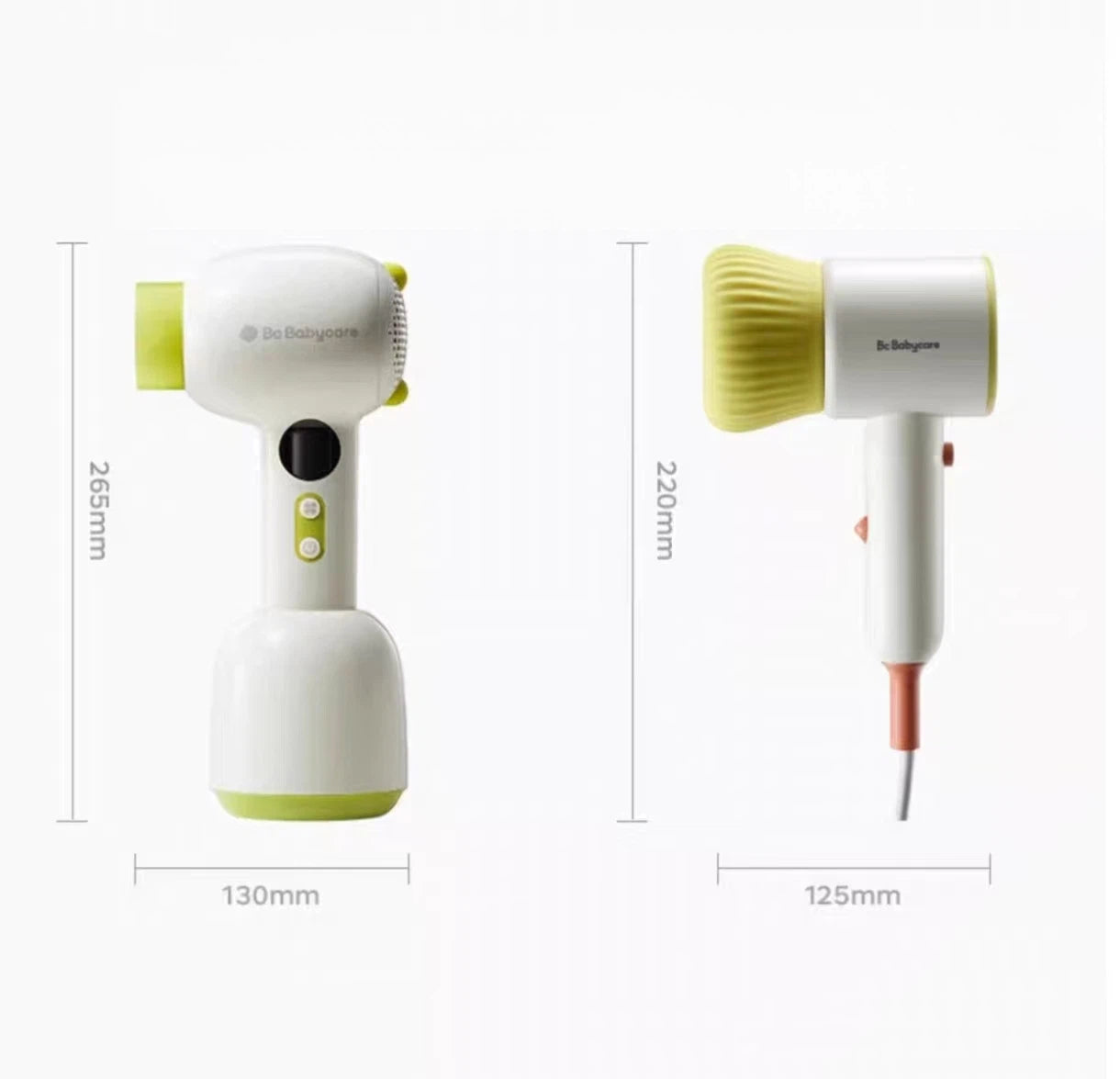 Size comparison diagram showing Babycare cordless baby hair dryer dimensions: 265mm height, 130mm width, compact and portable design