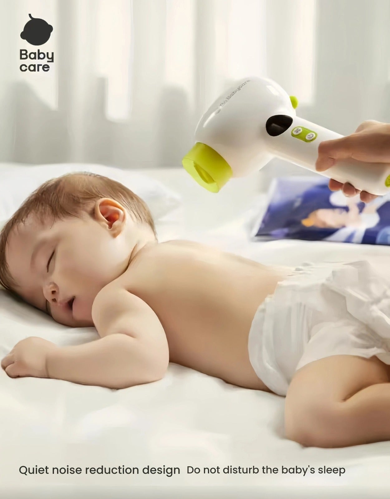Parent using Babycare cordless baby hair dryer to gently dry a sleeping newborn, ultra-quiet noise reduction design does not disturb baby’s sleep