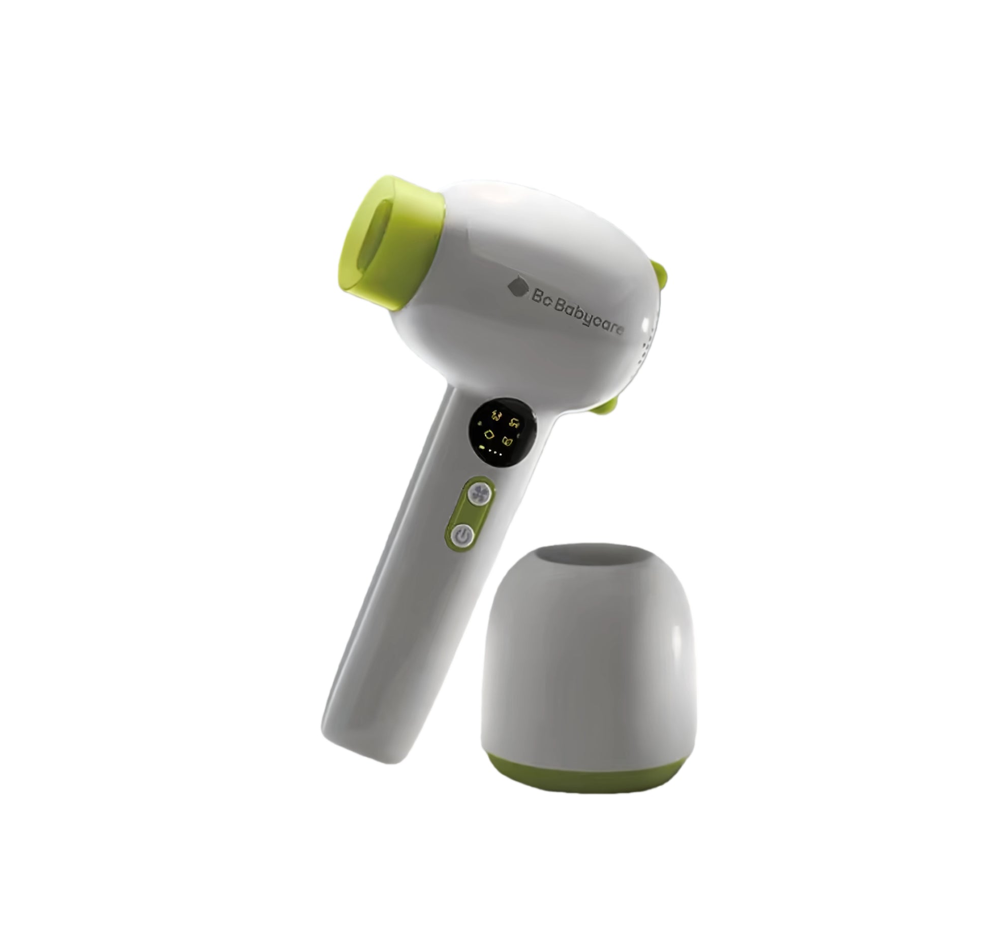 Babycare cordless baby hair dryer in white and green color, featuring wireless charging base and digital display for safe and convenient use