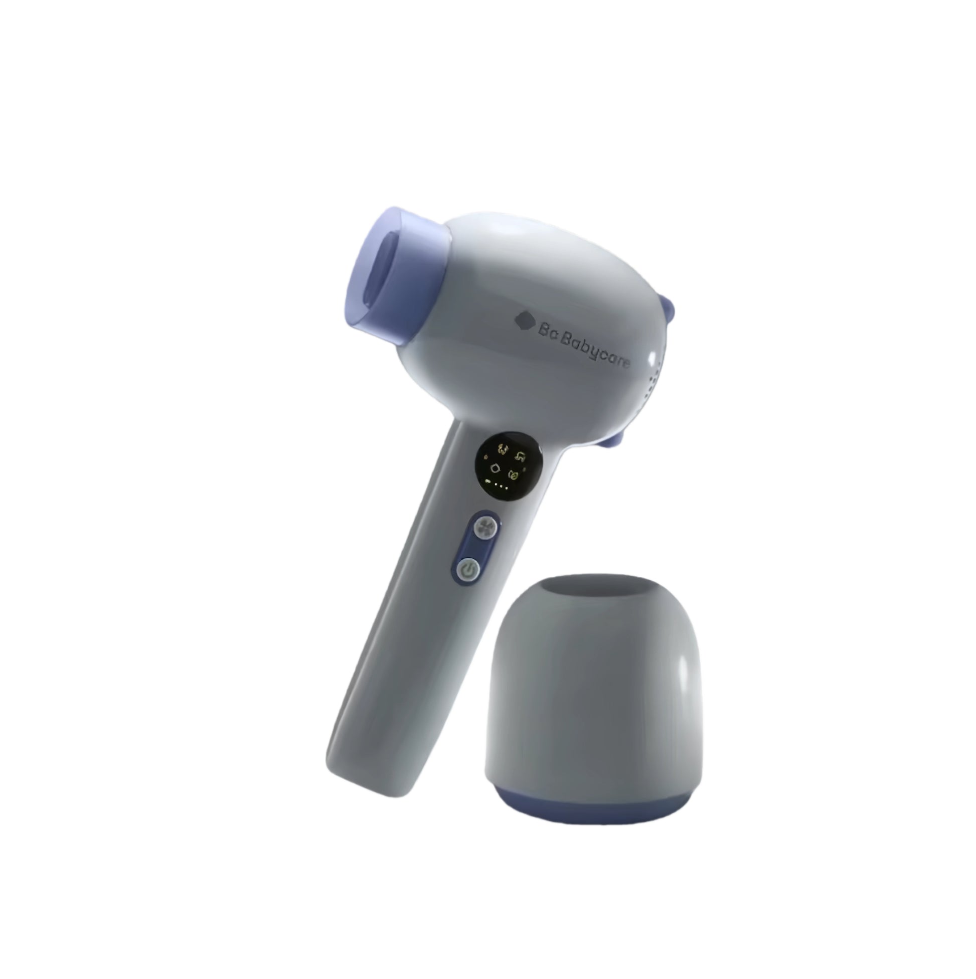 Babycare cordless baby hair dryer in white and green color, featuring wireless charging base and digital display for safe and convenient use
