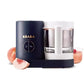 Beaba Babycook Neo baby food processor in navy blue color, featuring a glass blending cup and stainless steel steaming basket—perfect for making fresh peach puree and healthy homemade meals.