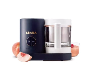 Beaba Babycook Neo baby food processor in navy blue color, featuring a glass blending cup and stainless steel steaming basket—perfect for making fresh peach puree and healthy homemade meals.