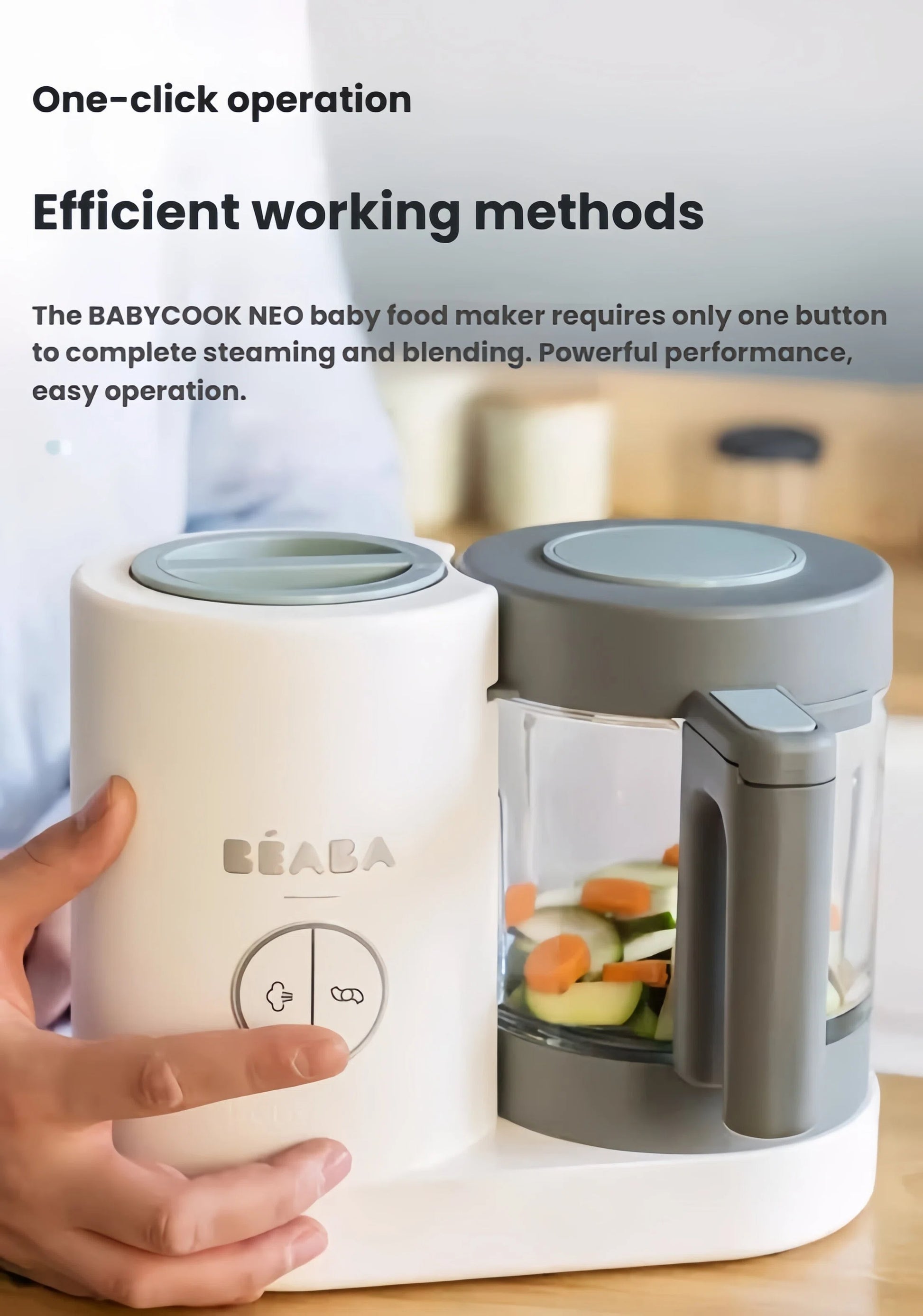 Mother using Beaba Babycook Neo baby food maker with one-click operation—pressing the steam and blend button to prepare vegetables like carrots and zucchini effortlessly.