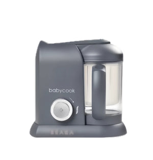 Beaba Babycook Solo baby food processor in sleek grey finish, compact and stylish—perfect for modern kitchens and easy preparation of healthy baby meals.