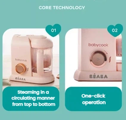 Beaba Babycook Solo features circulating steam from top to bottom for even cooking and one-click operation for effortless steaming, blending, defrosting, and reheating of baby food.