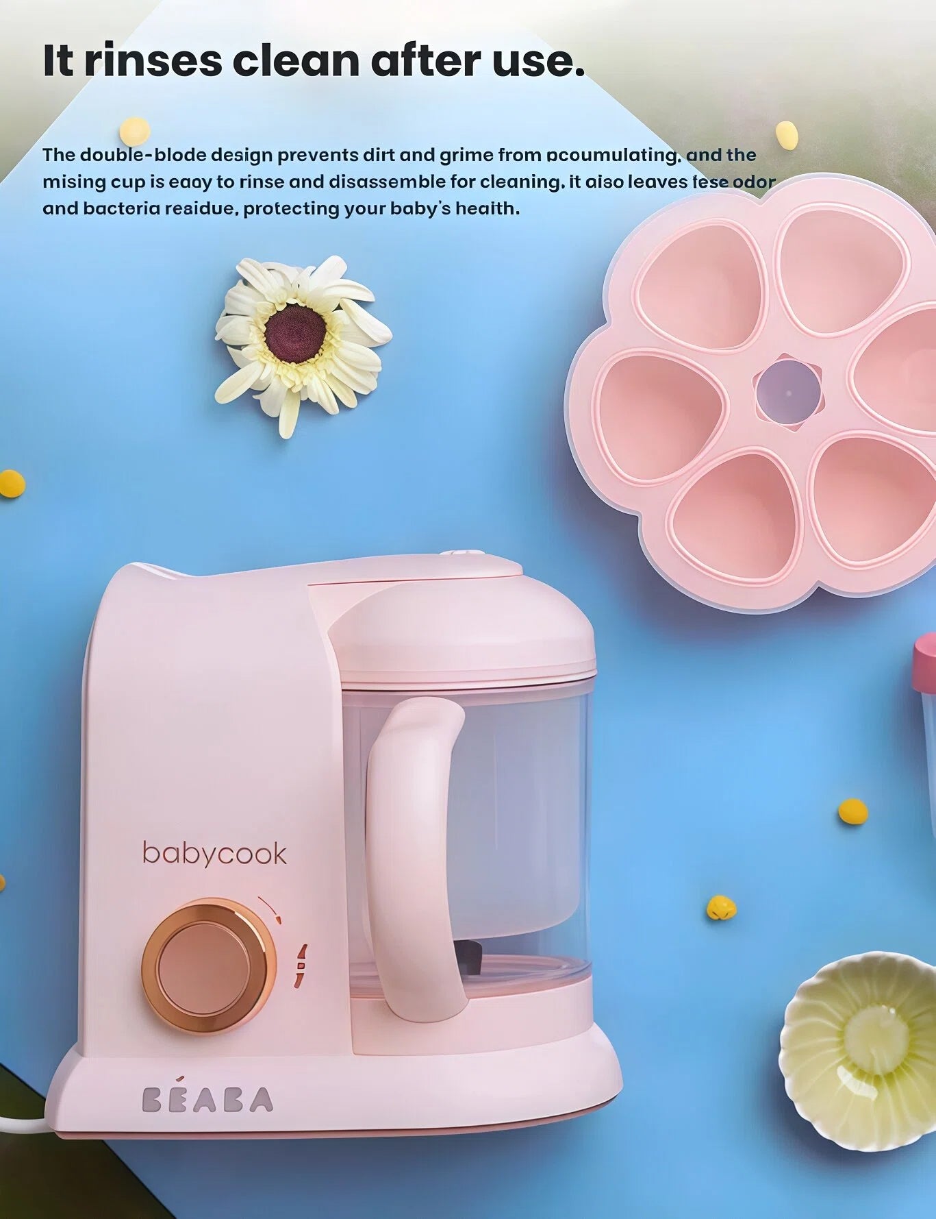 Beaba Babycook Solo features a double-blade design that prevents dirt buildup and allows for easy rinsing and disassembly—keeping baby food residue-free and hygienic after every use.