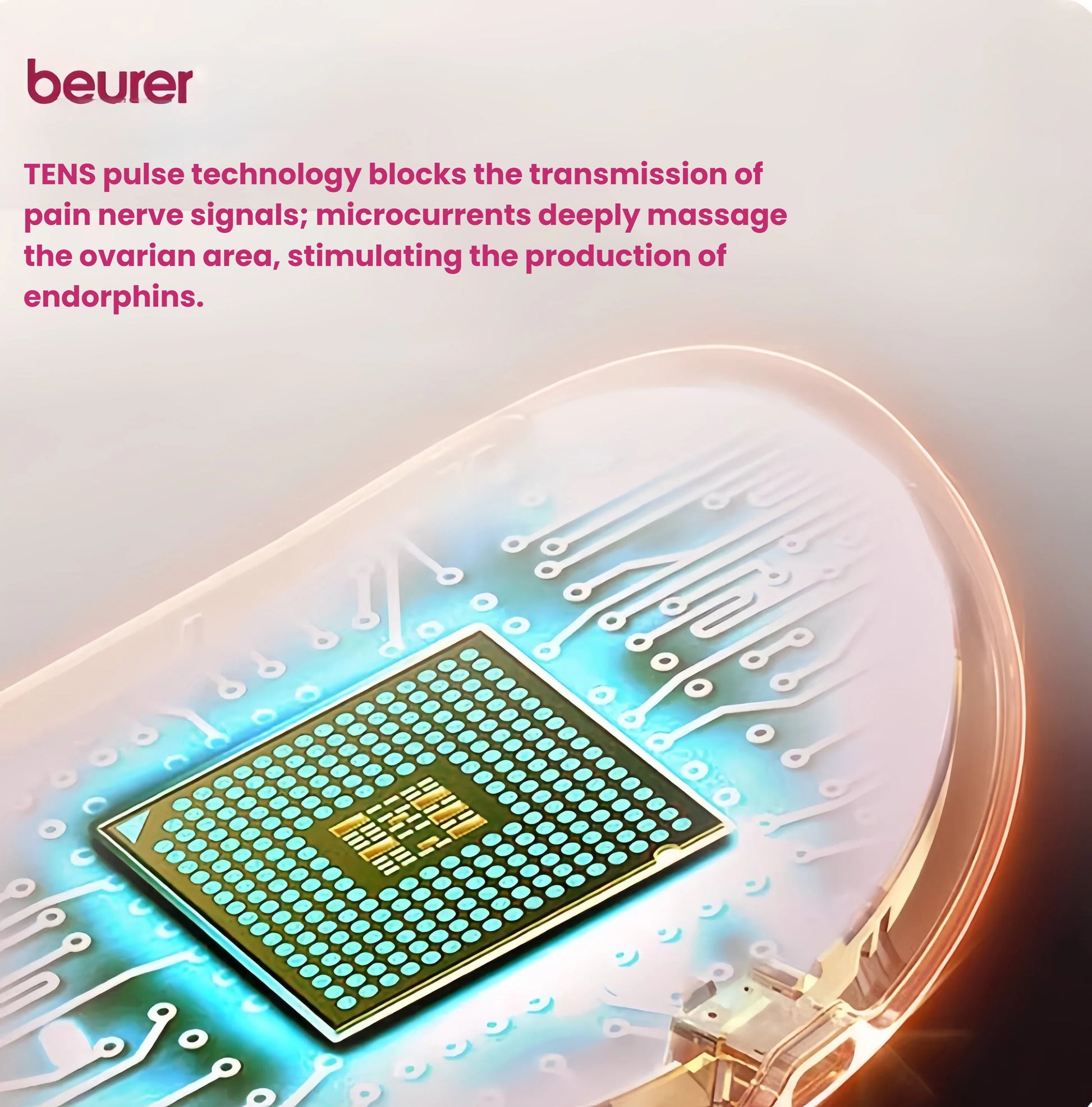 Illustration of the Beurer EM50’s internal circuit board showing TENS pulse technology. Micropulses block pain nerve signals and deeply massage the ovarian area, stimulating natural endorphin production for drug-free relief.