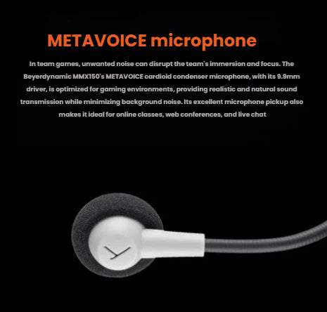 Close-up of the Beyerdynamic MMX 150 META-VOICE microphone — 9.8mm cardioid condenser driver for natural voice transmission and reduced background noise, perfect for gaming, streaming, and online meetings.