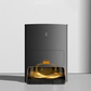 Image of the Ecovacs X5 Pro Omni, a sleek, black robot vacuum cleaner with its charging and cleaning base. Featuring a modern design and the station has a minimalist look, designed for automatic cleaning and maintenance of the robot