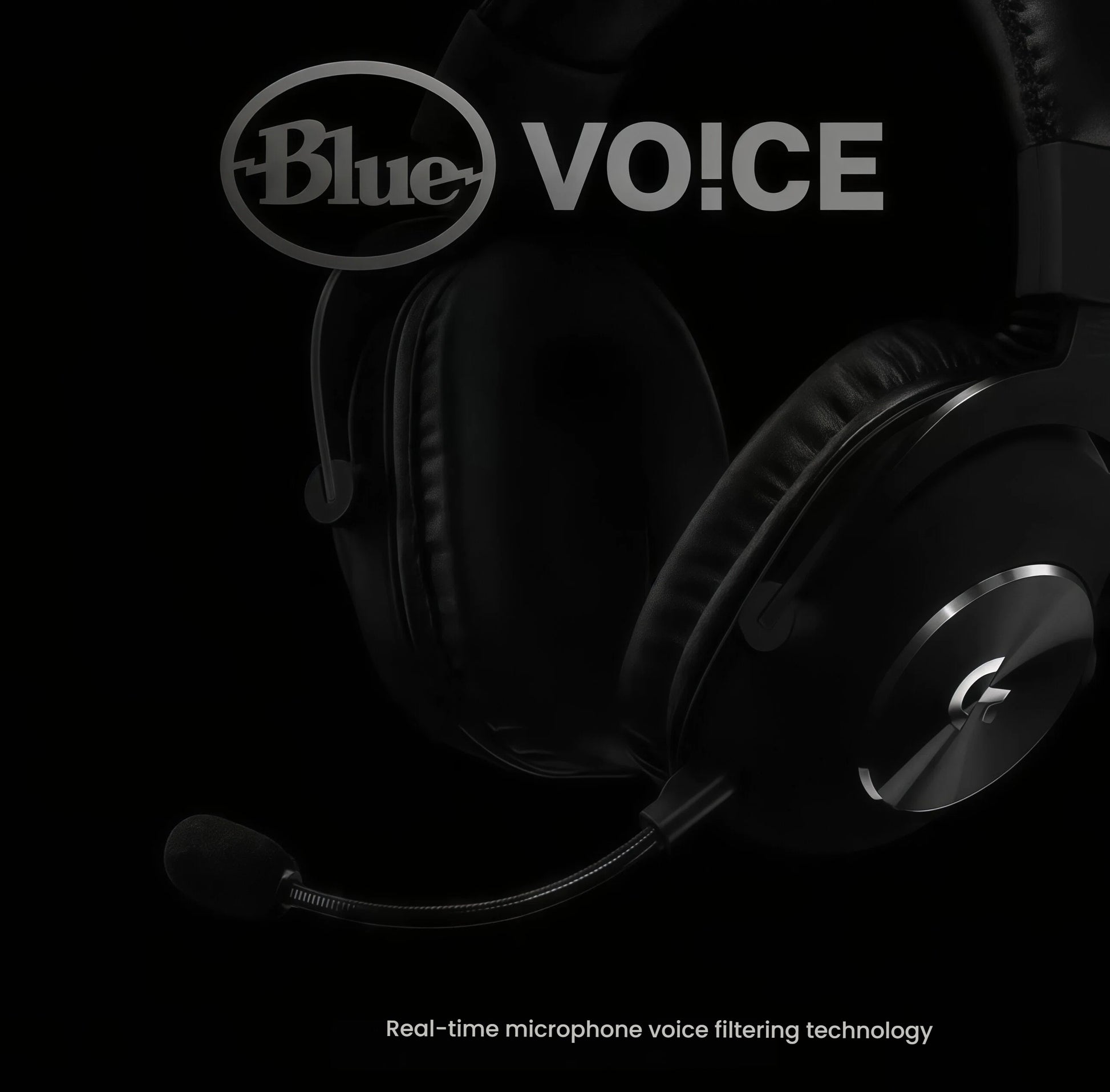 Dark studio shot of the PRO X boom mic with the Blue VO!CE logo, emphasizing real-time voice-filtering technology for crystal-clear comms.