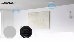  An illustration showing Bose 791 II speakers installed in a modern living room ceiling, demonstrating how they deliver balanced, room-filling stereo sound for an immersive audio experience.