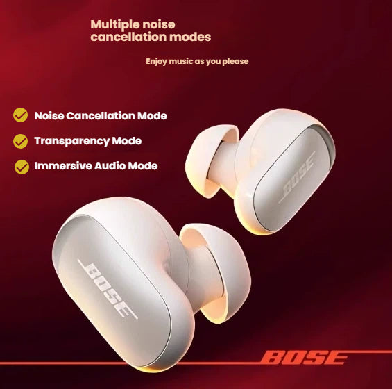 An infographic showing the white Bose QC Ultra Earbuds and highlighting the three main listening modes: Noise Cancellation Mode, Transparency Mode, and Immersive Audio Mode for a versatile listening experience.