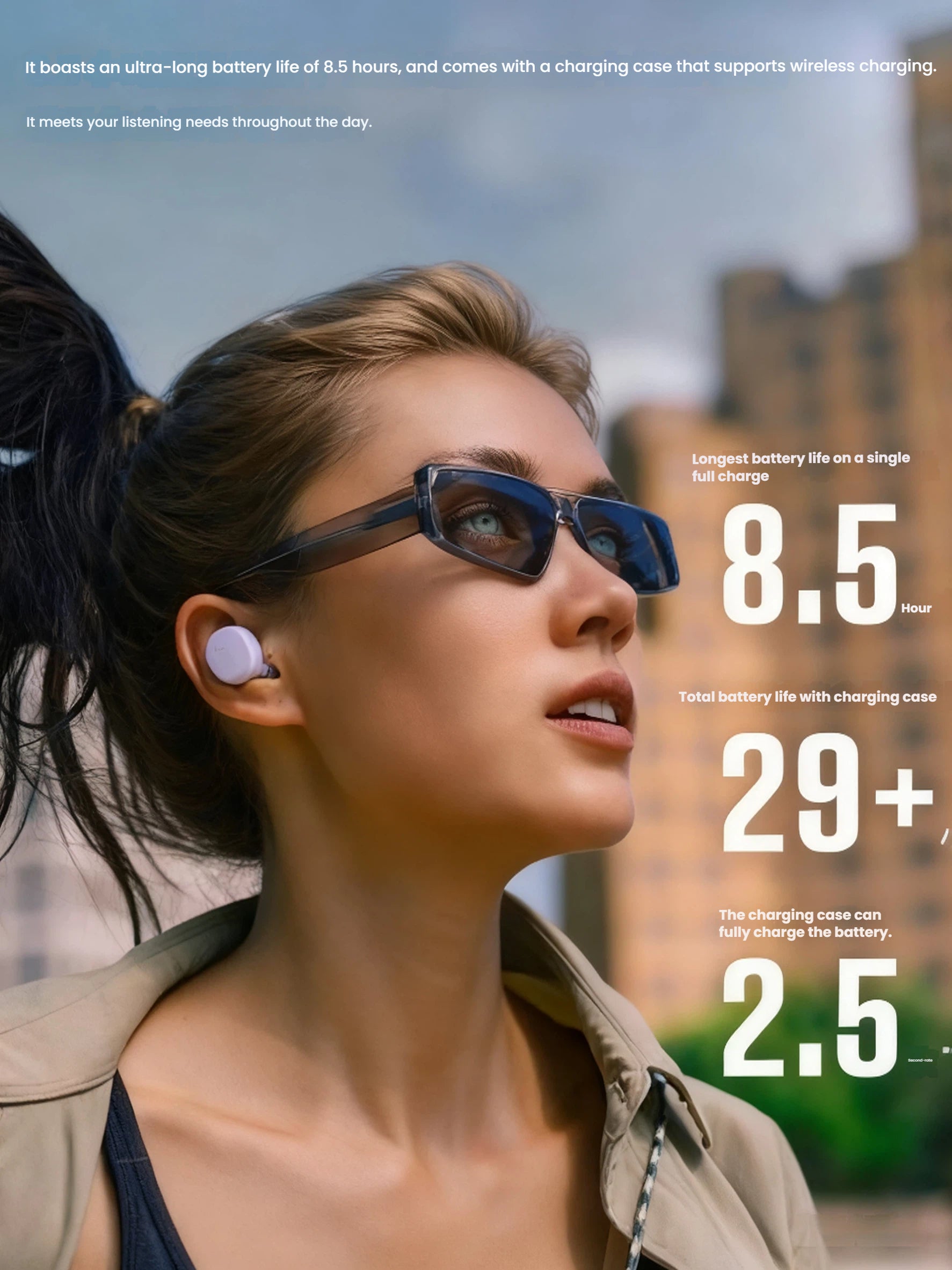 A graphic detailing the impressive battery life of the Bose QuietComfort Earbuds: 8.5 hours on a single charge, and over 29 hours of total listening time with the included charging case.