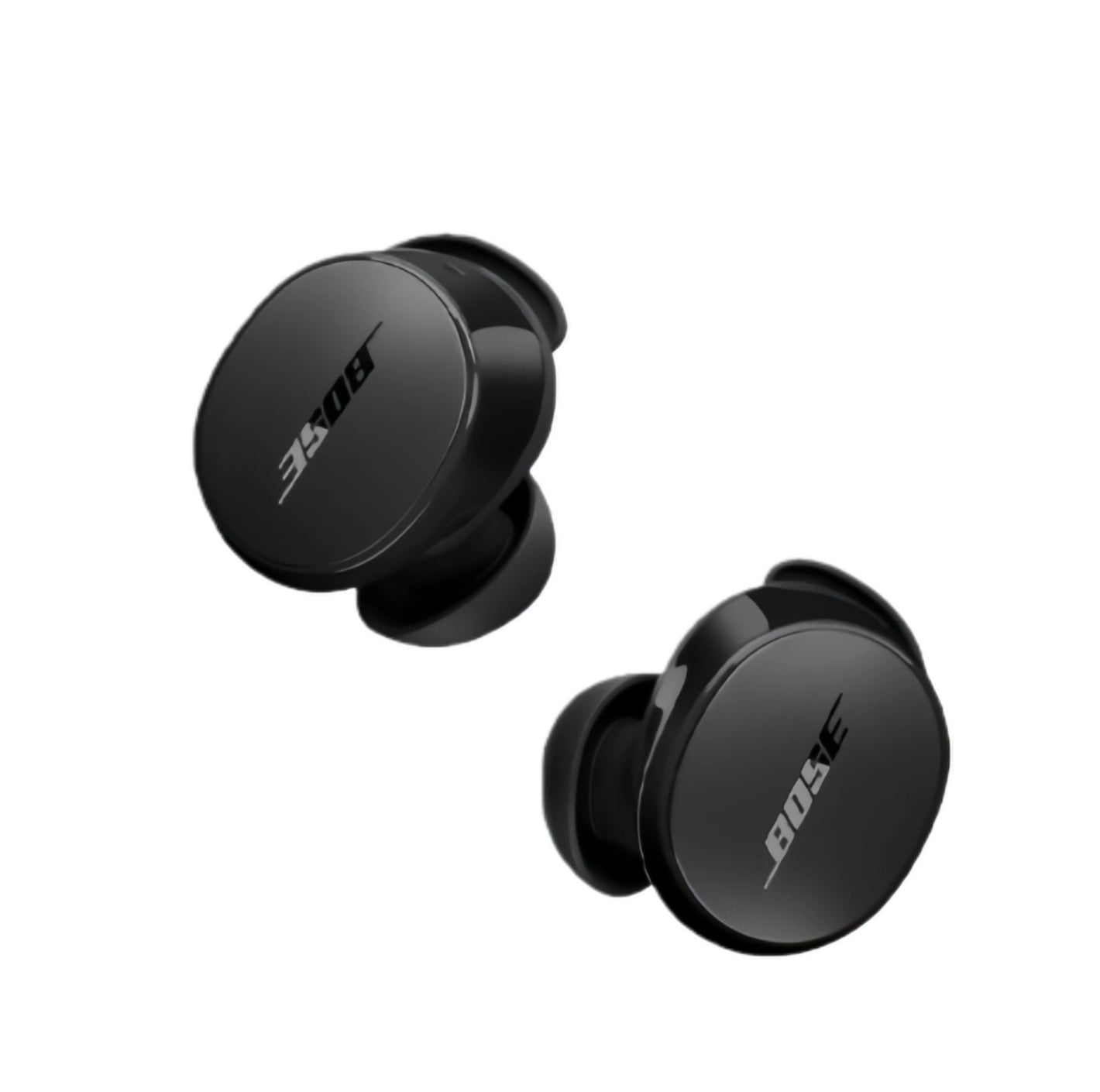 A pair of classic Triple Black Bose QuietComfort Earbuds, showcasing their sleek, round shape and iconic logo on a white background.