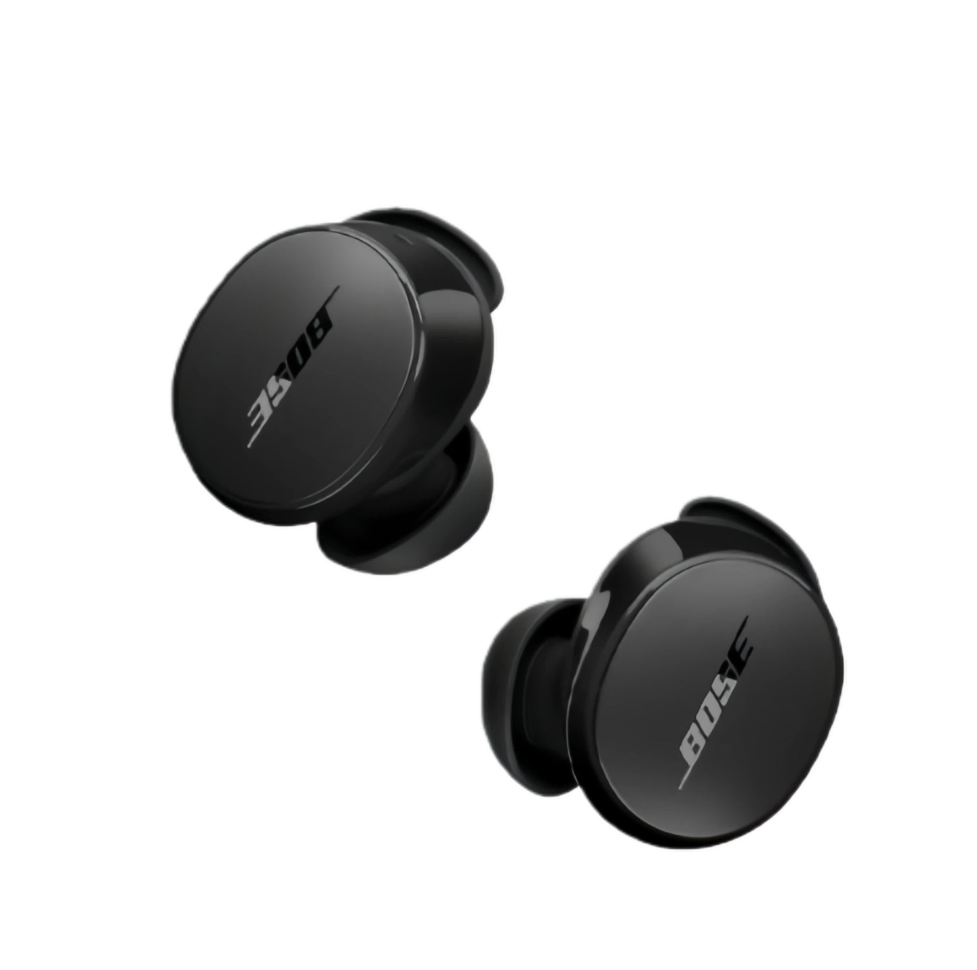 A pair of classic Triple Black Bose QuietComfort Earbuds, showcasing their sleek, round shape and iconic logo on a white background.